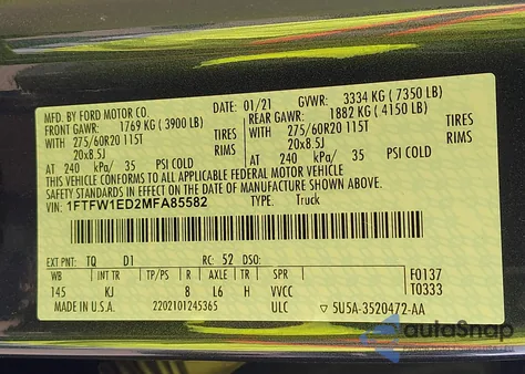 2021 Ford F150 Supercrew z USA, uszkodzony, nr VIN 1FTFW1ED2MFA85582